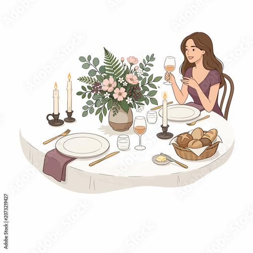 Woman Enjoying Wine and Dinner Alone.