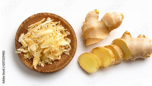 Top View Of Crushed Grated And Minced Fresh Vegetables Roots Of Ginger Isolated On White Background