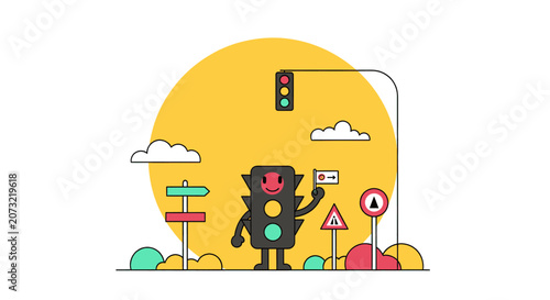Robot standing with traffic signs.