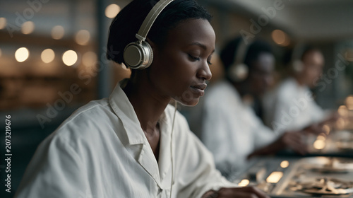 Museum technicians in a Nairobi archive carefully lifting crumbling oral history recordings onto digital transfer decks, headphones on, eyes closed listening, a multicultural