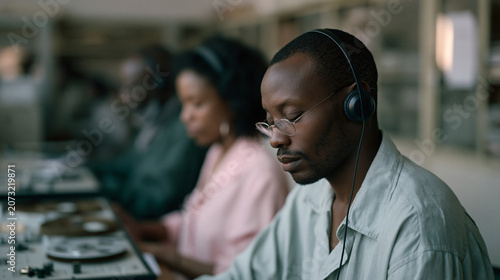 Museum technicians in a Nairobi archive carefully lifting crumbling oral history recordings onto digital transfer decks, headphones on, eyes closed listening, a multicultural