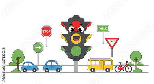 Traffic Light Bull Head Cartoon Character.