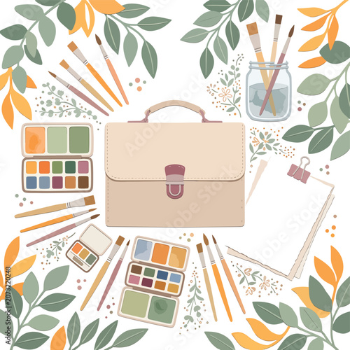 Art supplies and beige leather case.