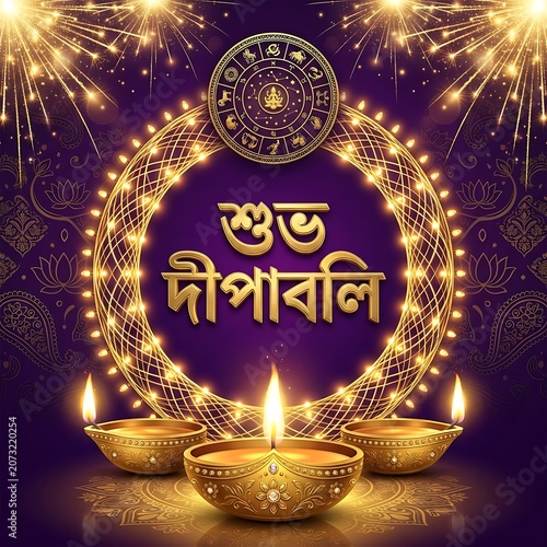 Shubh deepavali greeting with golden diya lamps and traditional mandala pattern