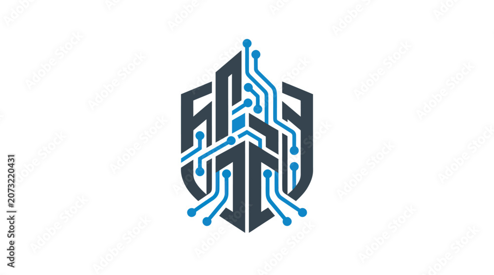 Fototapeta premium A futuristic circuit board design with blue lines and black shapes.