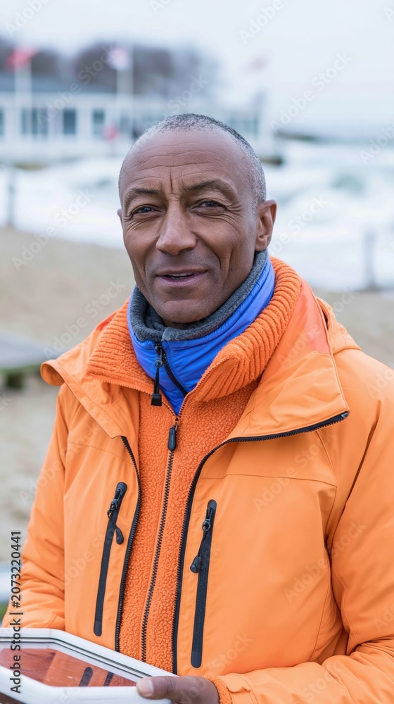 Fototapeta premium Man wearing orange jacket smiling at beachside promenade