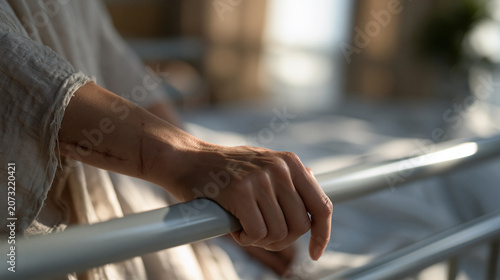 A hand gripping a hospital bed rail tightly, surgical scar visible on the wrist, sunlight from a window resting on the arm, quiet post-transplant recovery moment, perfect for
