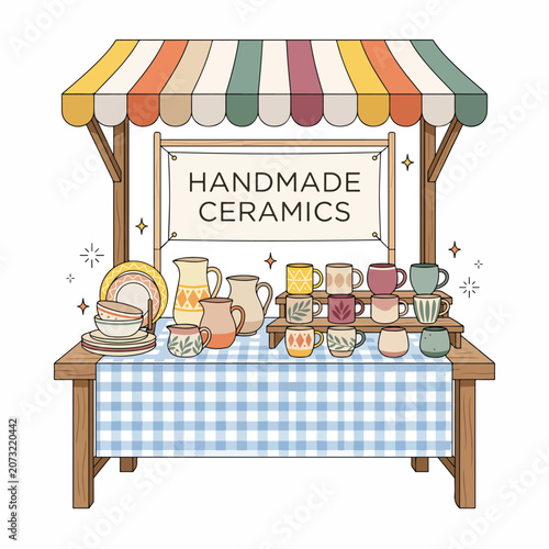 Handmade ceramics market stall display.