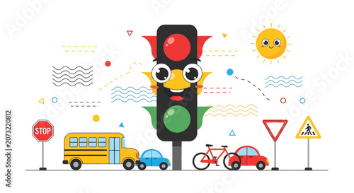 Traffic Light With Cartoon Face Smiling.