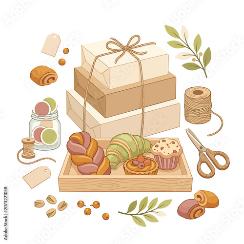 Assorted baked goods on wooden tray.