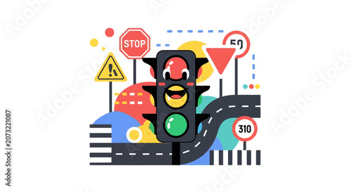 Traffic Light with Road Signs Closeup.