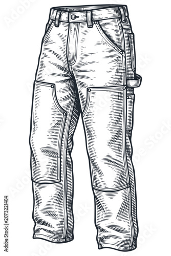 Vector engraving illustration of classic work pants with reinforced knees. Monochrome vintage graphic of carpenter trousers isolated on white.