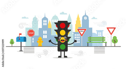 Traffic light with smiling face standing.