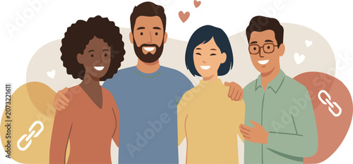 Tableau sur toile Group of diverse people standing together with chain link background