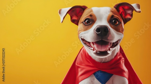 A cartoon dog dressed as a superhero looks at the camera with a big smile on his face.
