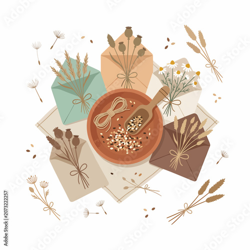 Herbs and spices in bowl surrounded.
