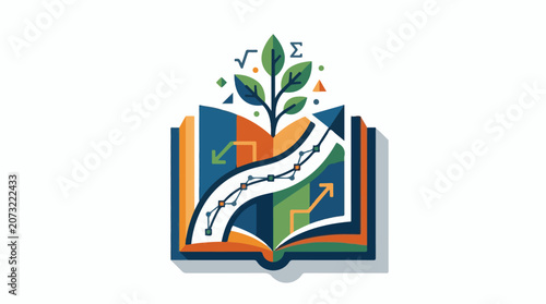 A stylized illustration of an open book with a plant growing out of it