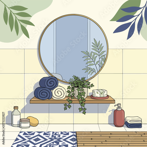 Bathroom Countertop with Towels and Soap.