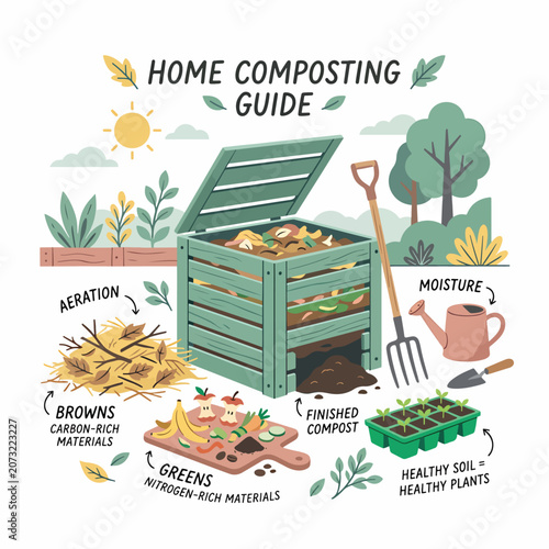 Home Composting Guide Illustration with Green Bin.