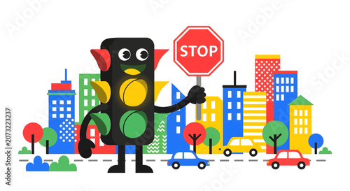 Colorful Traffic Robot Holding Stop Sign.