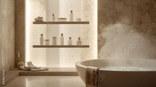 Luxurious Bathroom Interior with Steaming Bathtub and Elegant Shelving.