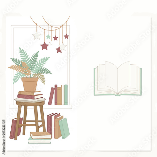 Books and plant on wooden stool 1.
