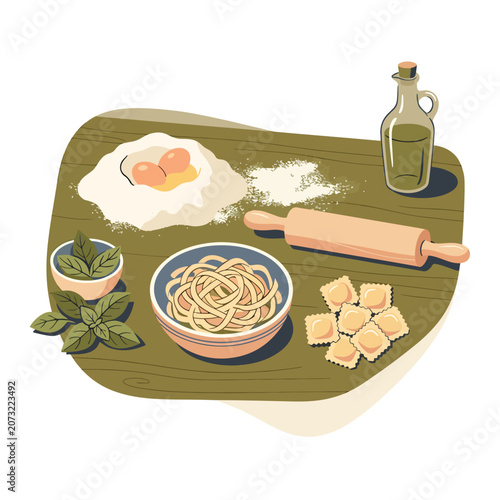 Italian food ingredients on wooden board.