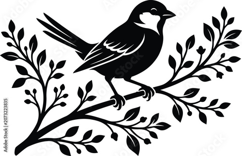 Bird Perched on Branch Silhouette Vector Isolated on White Background