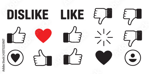 Foto Collection of social media interaction icons featuring hearts thumbs up and dislikes for feedback