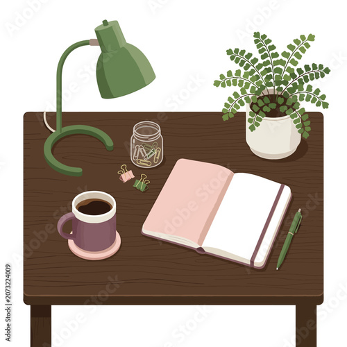 Brown desk with green lamp and plant.