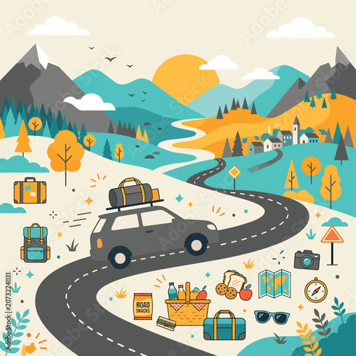 Car on road with travel accessories.