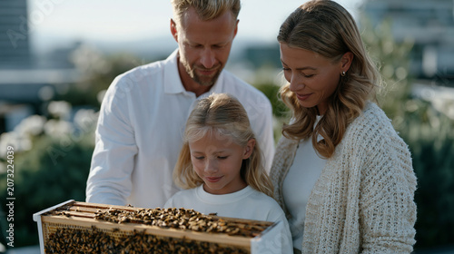 Family of three urban beekeepers, father, daughter, and grandmother, inspecting frames together on a sunlit apartment rooftop garden, ideal for Fathers Day, intergenerational