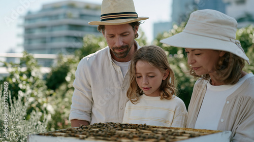 Family of three urban beekeepers, father, daughter, and grandmother, inspecting frames together on a sunlit apartment rooftop garden, ideal for Fathers Day, intergenerational