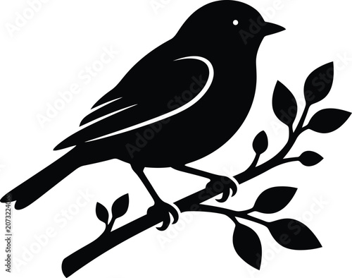 Bird Perched on Branch Silhouette Vector Isolated on White Background