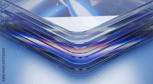 Abstract 3d render of stacked transparent glass plates with iridescent edges