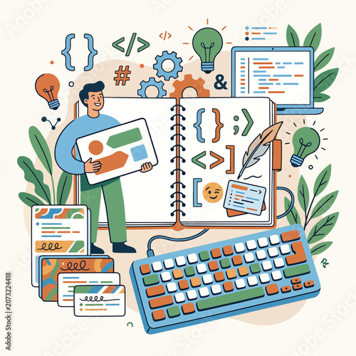Man holding chart with coding symbols.