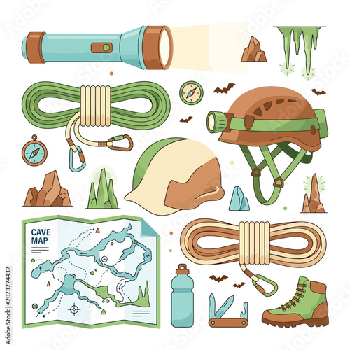 Caving Exploration Adventure Equipment Icons.