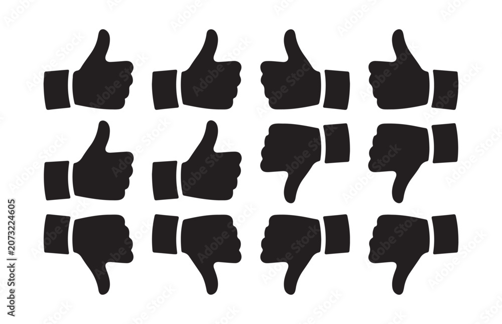 Fototapeta premium Set of twelve social media like and dislike icons with thumbs up and down vector on transparent background.