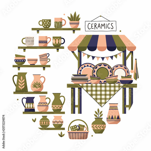Colorful ceramic dishes on display.