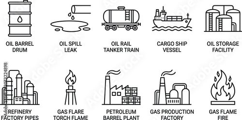 Fotografie Set of line icons with text describing oil and gas industry elements like barrels, spills, and factories