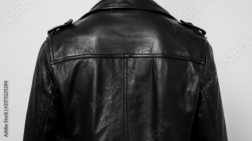 A black leather jacket viewed from the back, showcasing its sleek design and texture.