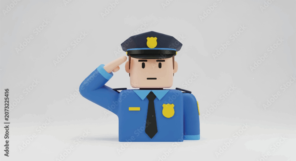 Fototapeta premium LEGO police officer minifigure saluting in blue uniform with hat.