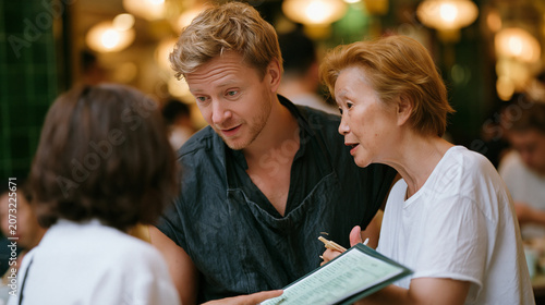 German tourist attempting to order dim sum by pointing at a laminated menu while a patient Hong Kong grandmother gestures back with chopsticks in crowded teahouse, ideal for cross