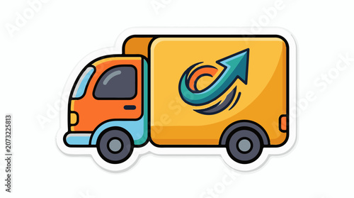 A colorful cartoon truck with a large arrow on the side