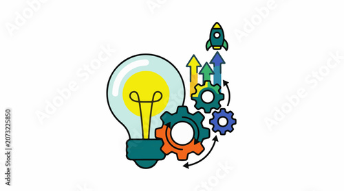 A colorful cartoon illustration of a lightbulb with gears and arrows