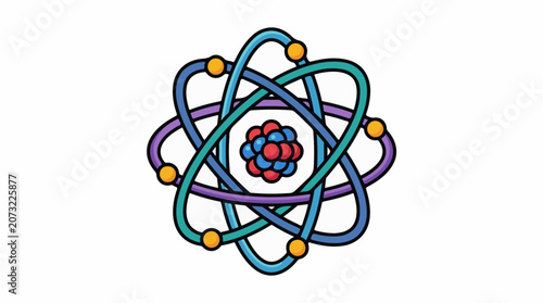 A colorful cartoon illustration of an atom with orbiting electrons and a nucleus