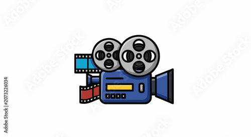 A colorful cartoon illustration of a blue movie camera