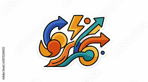 A colorful abstract sticker with swirling arrows and a lightning bolt
