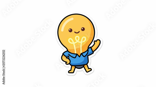 A cheerful cartoon light bulb character wearing a blue shirt and waving
