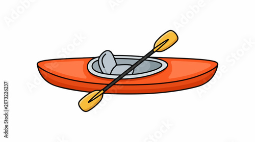A cartoon-style illustration of an orange kayak with a gray interior and a yellow paddle